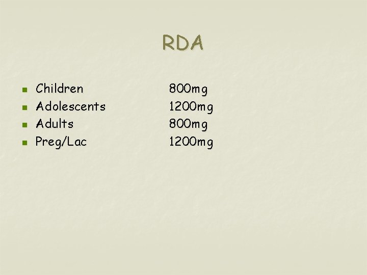 RDA n n Children Adolescents Adults Preg/Lac 800 mg 1200 mg 