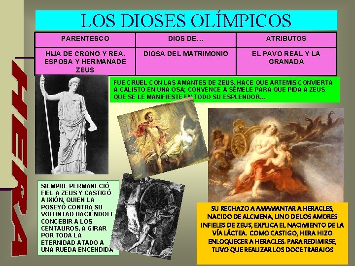 LOS DIOSES OLÍMPICOS PARENTESCO DIOS DE… ATRIBUTOS HIJA DE CRONO Y REA. ESPOSA Y