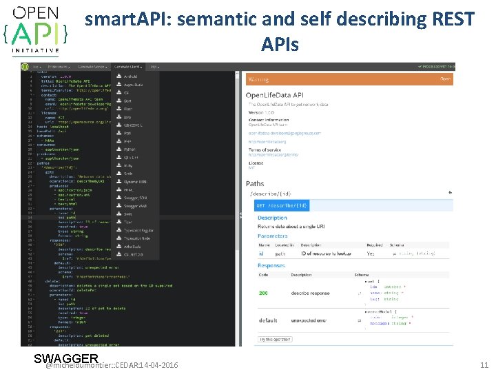 smart. API: semantic and self describing REST APIs SWAGGER @micheldumontier: : CEDAR: 14 -04