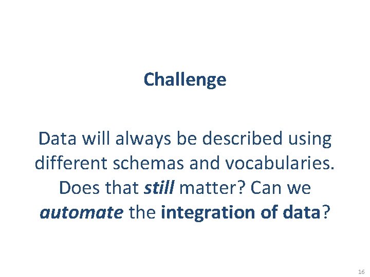 Challenge Data will always be described using different schemas and vocabularies. Does that still