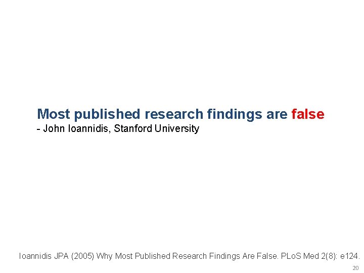 Most published research findings are false - John Ioannidis, Stanford University Ioannidis JPA (2005)