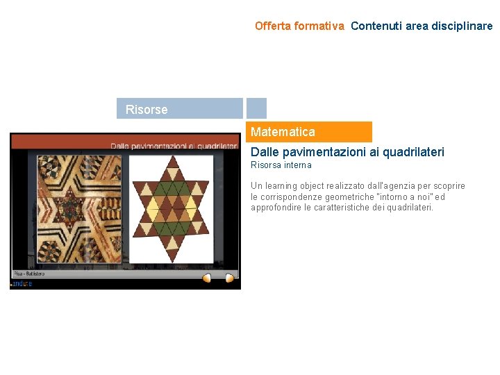 Offerta formativa Contenuti area disciplinare Risorse Matematica Dalle pavimentazioni ai quadrilateri Risorsa interna Un