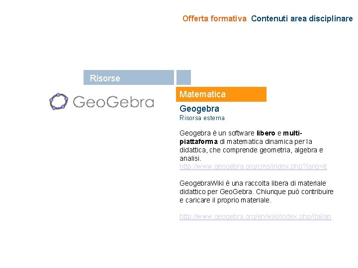 Offerta formativa Contenuti area disciplinare Risorse Matematica Geogebra Risorsa esterna Geogebra è un software