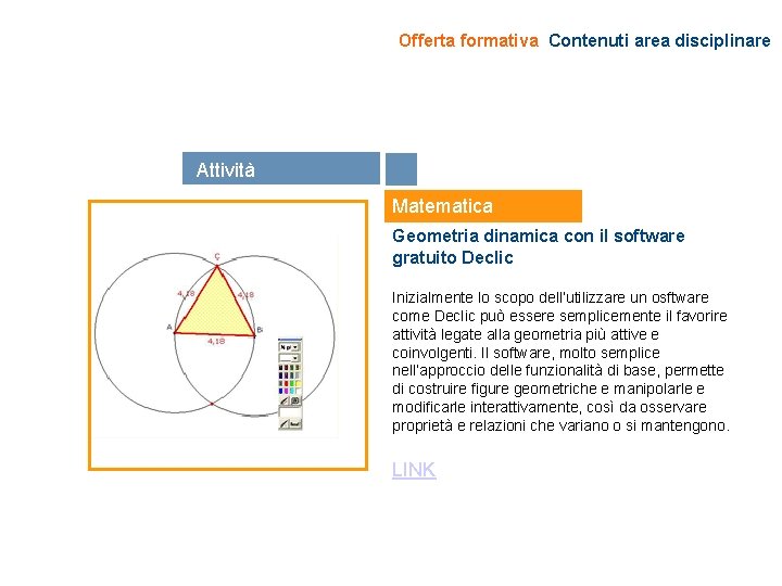 Offerta formativa Contenuti area disciplinare Attività Risorse Matematica Geometria dinamica con il software gratuito