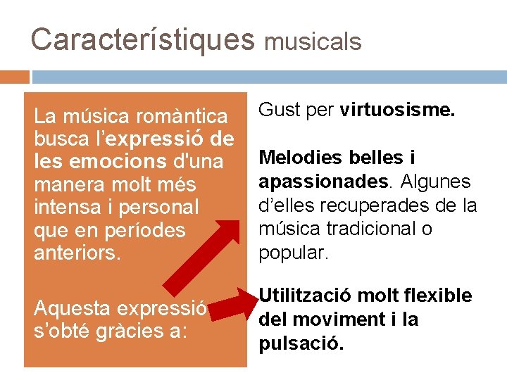 Característiques musicals La música romàntica busca l’expressió de les emocions d'una manera molt més