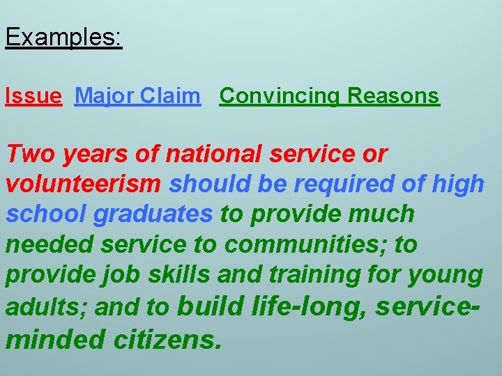 Examples: Issue Major Claim Convincing Reasons Two years of national service or volunteerism should