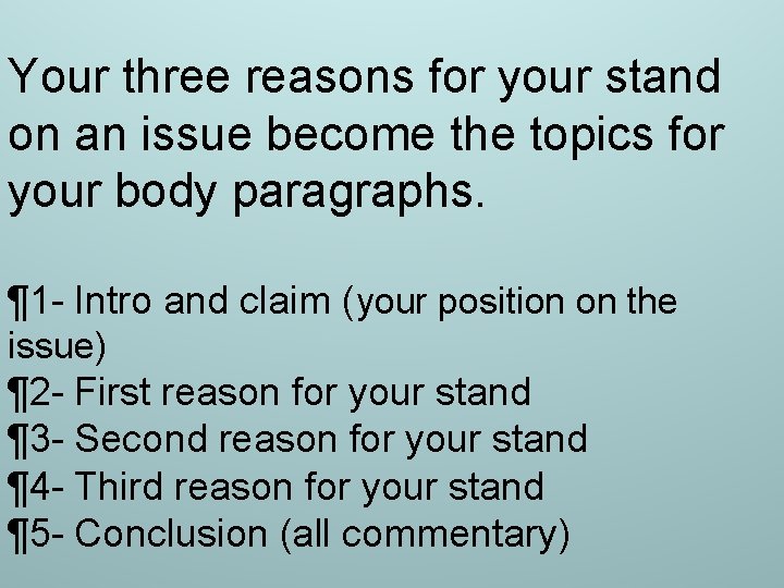 Your three reasons for your stand on an issue become the topics for your