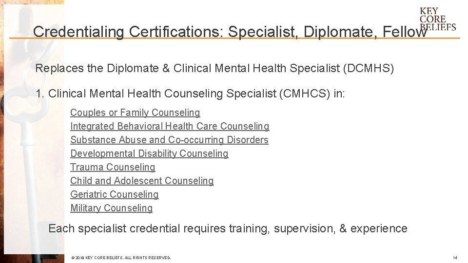 Credentialing Certifications: Specialist, Diplomate, Fellow Replaces the Diplomate & Clinical Mental Health Specialist (DCMHS)