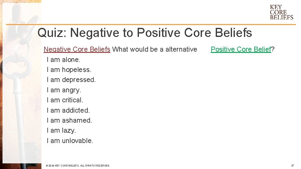 Quiz: Negative to Positive Core Beliefs Negative Core Beliefs What would be a alternative