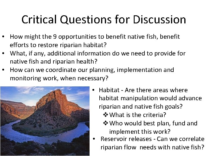 Critical Questions for Discussion • How might the 9 opportunities to benefit native fish,