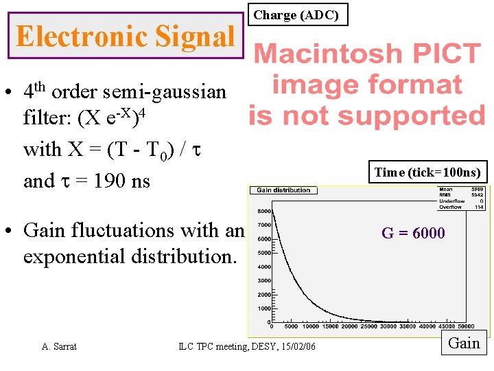 Electronic Signal Charge (ADC) • 4 th order semi-gaussian filter: (X e-X)4 with X