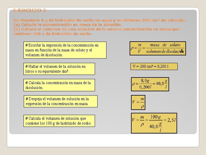 EJERCICIO 2 Se disuelven 8 g de hidróxido de sodio en agua y se