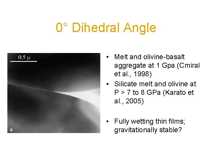 0° Dihedral Angle • Melt and olivine-basalt aggregate at 1 Gpa (Cmiral et al.