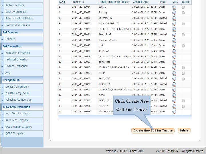 Click Create New Call For Tender 