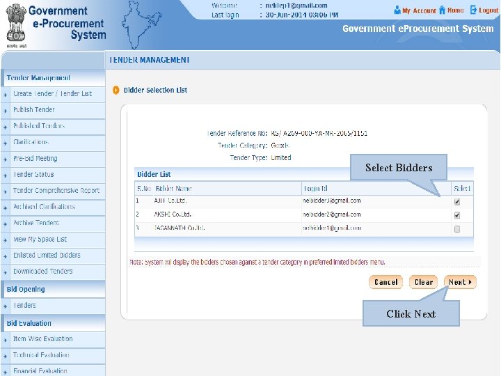 Select Bidders Click Next 