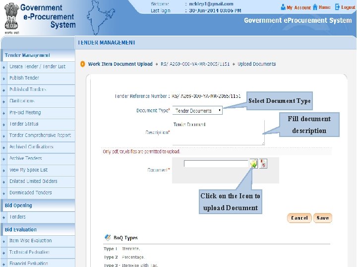 Select Document Type Fill document description Click on the Icon to upload Document 