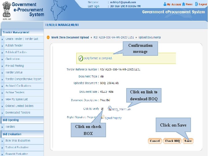 Confirmation message Click on link to download BOQ Click on check BOX Click on