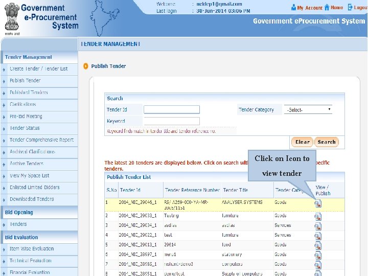 Click on Icon to view tender 