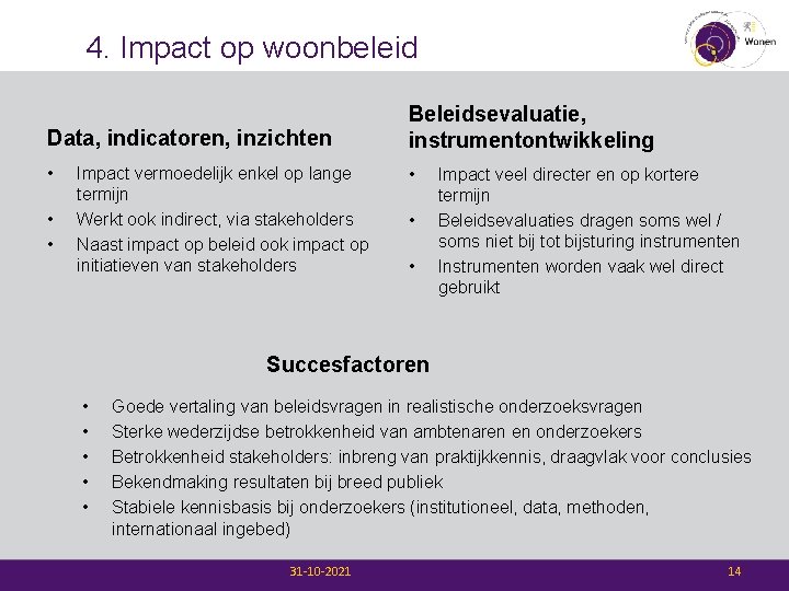 4. Impact op woonbeleid Data, indicatoren, inzichten Beleidsevaluatie, instrumentontwikkeling • • Impact vermoedelijk enkel