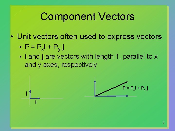 Component Vectors • Unit vectors often used to express vectors P = Pxi +