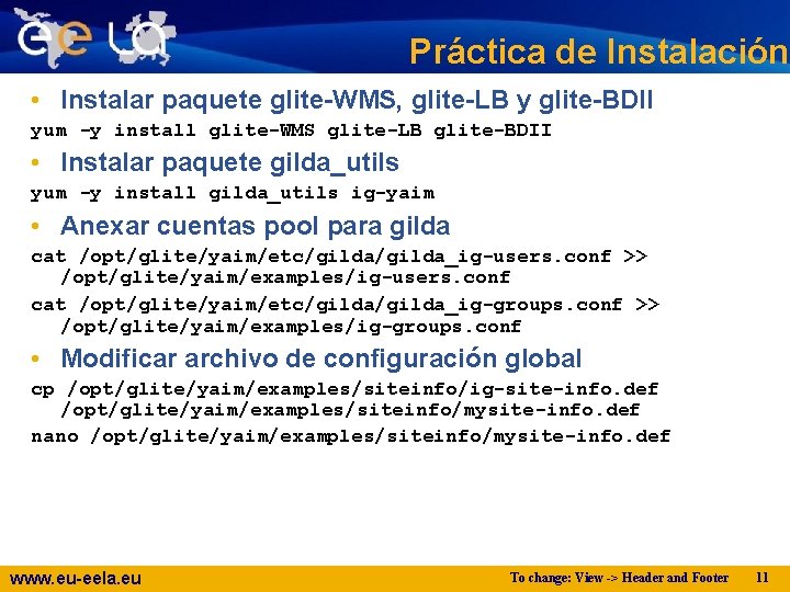 Práctica de Instalación • Instalar paquete glite-WMS, glite-LB y glite-BDII yum -y install glite-WMS