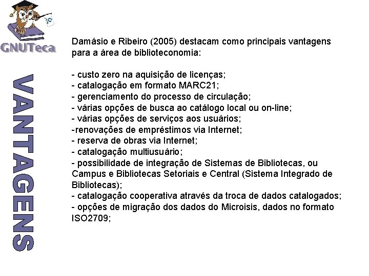 Damásio e Ribeiro (2005) destacam como principais vantagens para a área de biblioteconomia: -