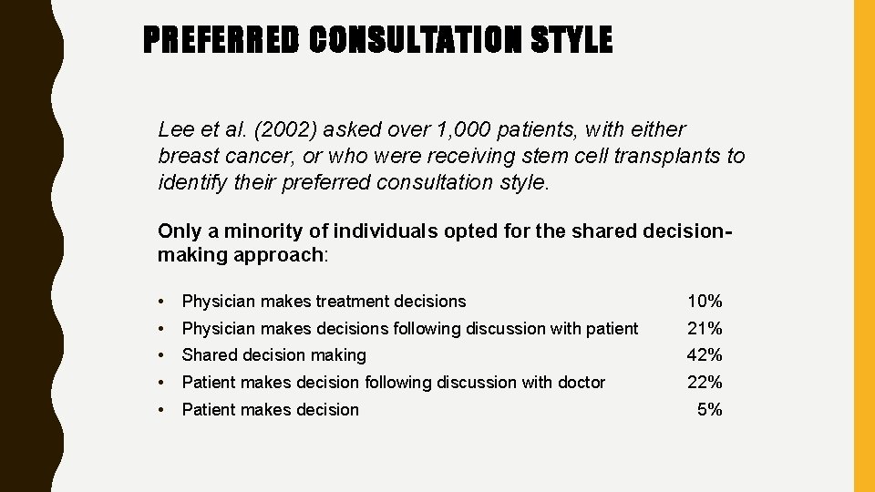 PREFERRED CONSULTATION STYLE Lee et al. (2002) asked over 1, 000 patients, with either