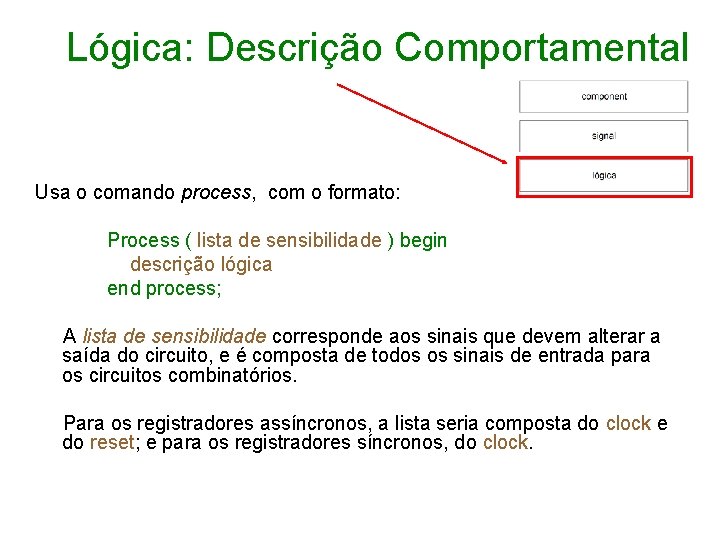 Lógica: Descrição Comportamental Usa o comando process, com o formato: Process ( lista de