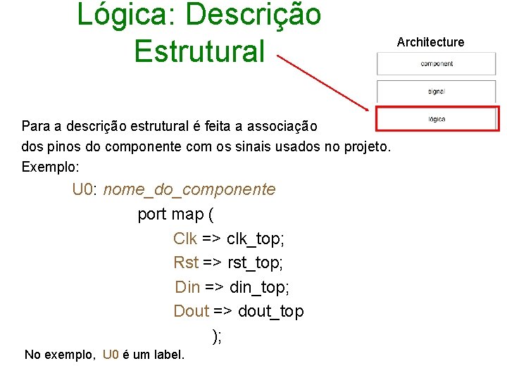 Lógica: Descrição Estrutural Para a descrição estrutural é feita a associação dos pinos do