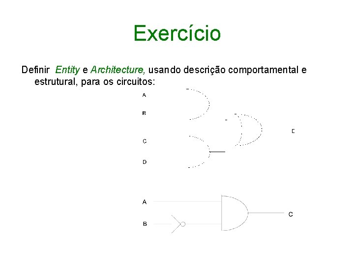 Exercício Definir Entity e Architecture, usando descrição comportamental e estrutural, para os circuitos: 