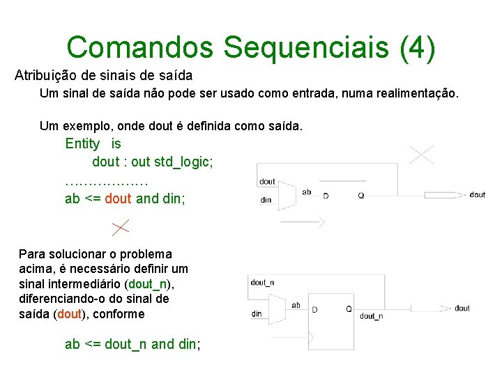 Comandos Sequenciais (4) Atribuição de sinais de saída Um sinal de saída não pode