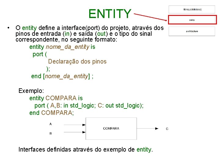 ENTITY • O entity define a interface(port) do projeto, através dos pinos de entrada