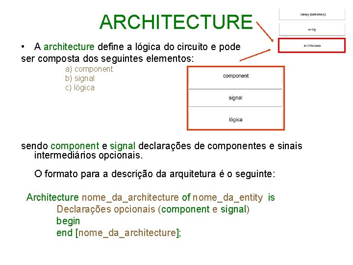 ARCHITECTURE • A architecture define a lógica do circuito e pode ser composta dos