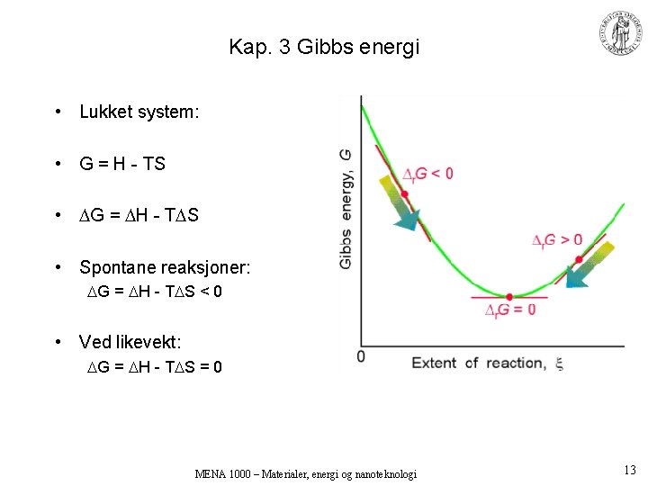 Kap. 3 Gibbs energi • Lukket system: • G = H - TS •