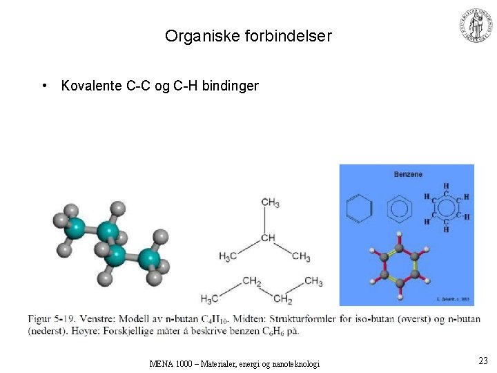 Organiske forbindelser • Kovalente C-C og C-H bindinger MENA 1000 – Materialer, energi og