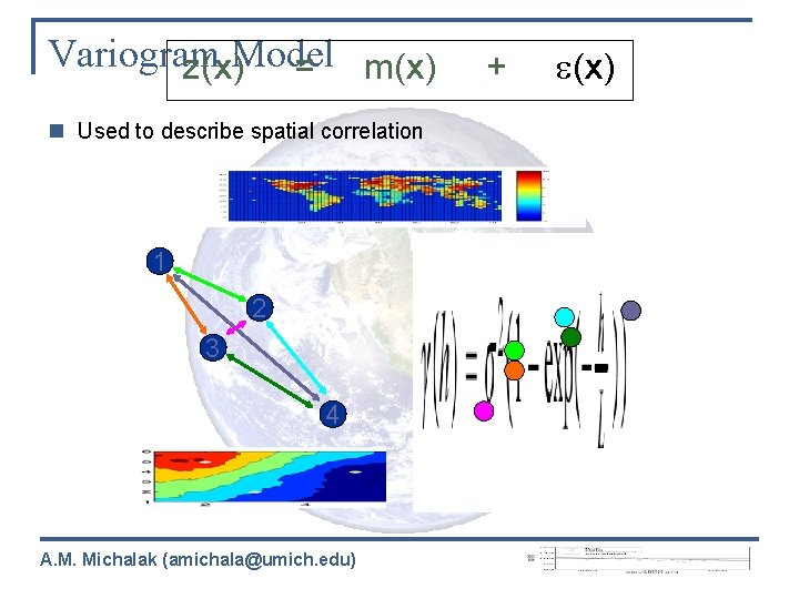 Variogram z(x)Model = m(x) n Used to describe spatial correlation 1 2 3 4