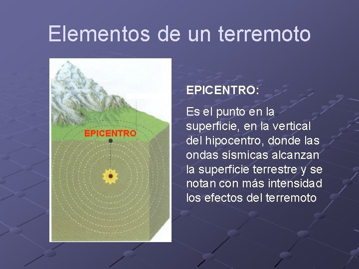 Elementos de un terremoto EPICENTRO: EPICENTRO Es el punto en la superficie, en la