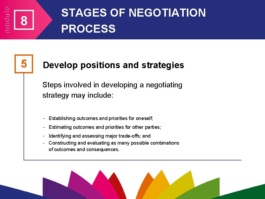 8 5 STAGES OF NEGOTIATION PROCESS Develop positions and strategies Steps involved in developing 8 5 STAGES OF NEGOTIATION PROCESS Develop positions and strategies Steps involved in developing