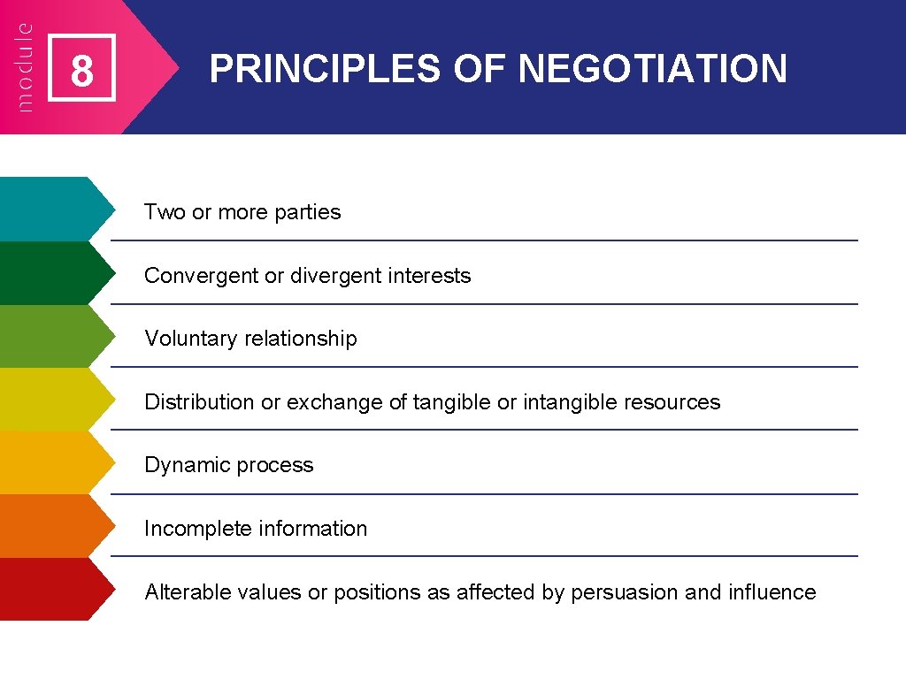 8 PRINCIPLES OF NEGOTIATION Two or more parties Convergent or divergent interests Voluntary relationship 8 PRINCIPLES OF NEGOTIATION Two or more parties Convergent or divergent interests Voluntary relationship