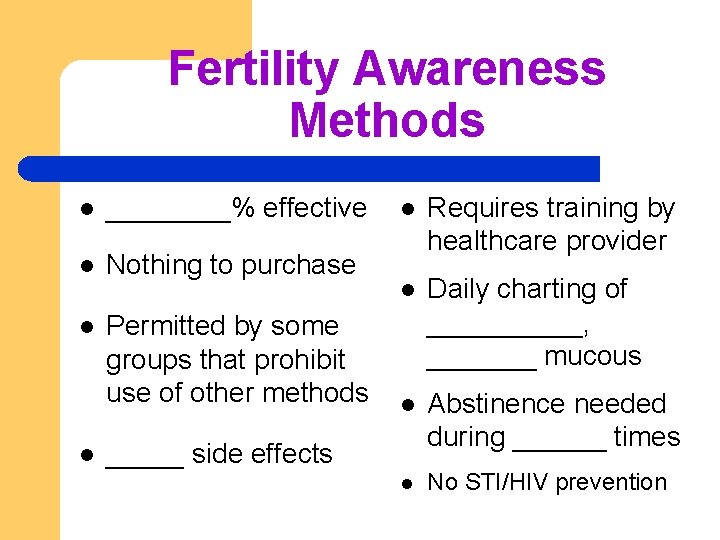 Fertility Awareness Methods l ____% effective l Nothing to purchase l Permitted by some