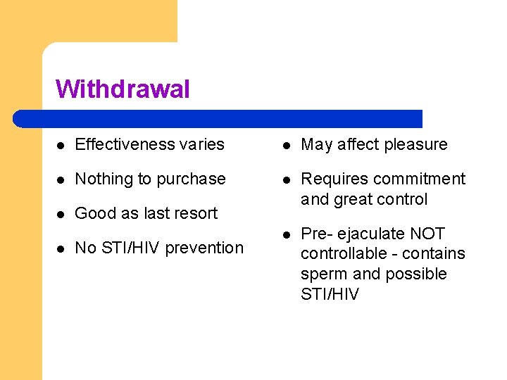 Withdrawal l Effectiveness varies l May affect pleasure l Nothing to purchase l l