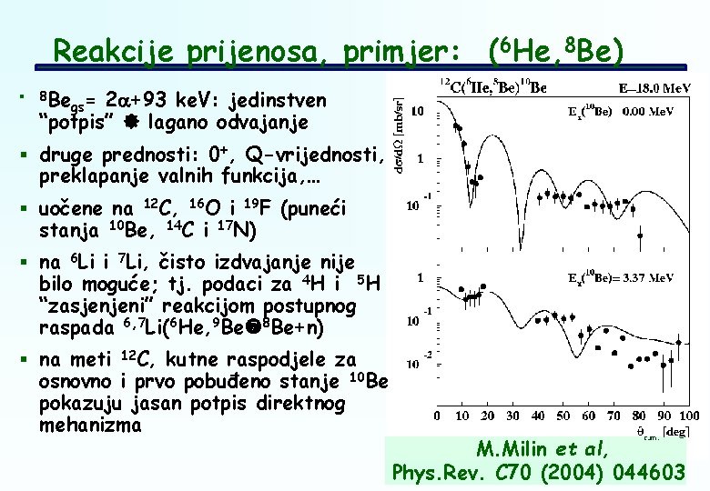 Reakcije prijenosa, primjer: (6 He, 8 Be) § 8 Be gs= 2 a+93 ke.