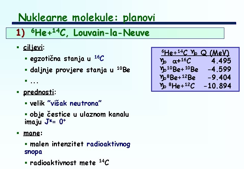 Nuklearne molekule: planovi 1) 6 He+14 C, He+ C, Louvain-la-Neuve § ciljevi: § egzotična