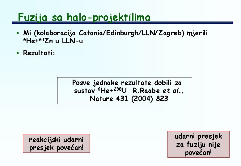 Fuzija sa halo-projektilima § Mi (kolaboracija Catania/Edinburgh/LLN/Zagreb) mjerili 6 He+64 Zn u LLN-u §