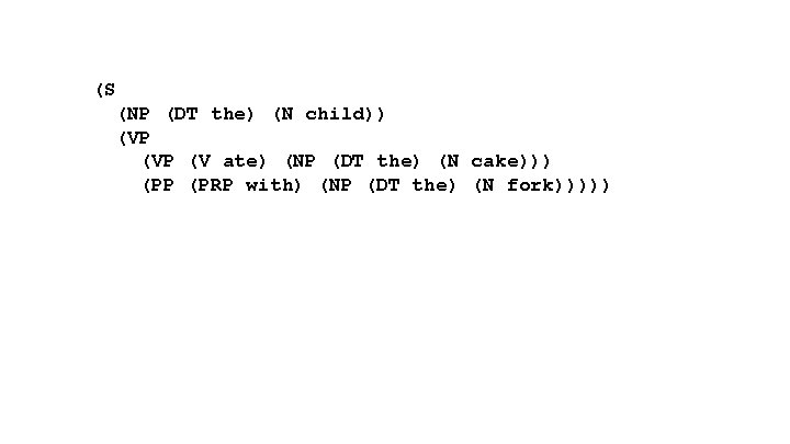 (S (NP (DT the) (N child)) (VP (V ate) (NP (DT the) (N cake)))