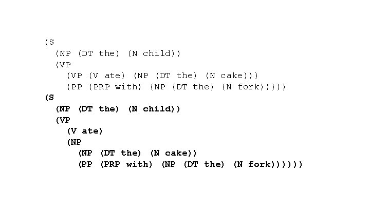 (S (NP (DT the) (N child)) (VP (V ate) (NP (DT the) (N cake)))