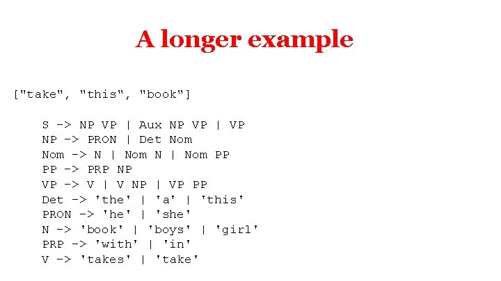 A longer example ["take", "this", "book"] S -> NP VP | Aux NP VP