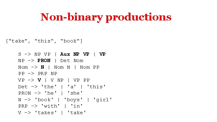 Non-binary productions ["take", "this", "book"] S -> NP VP | Aux NP VP |