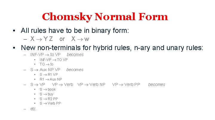 Chomsky Normal Form • All rules have to be in binary form: – X