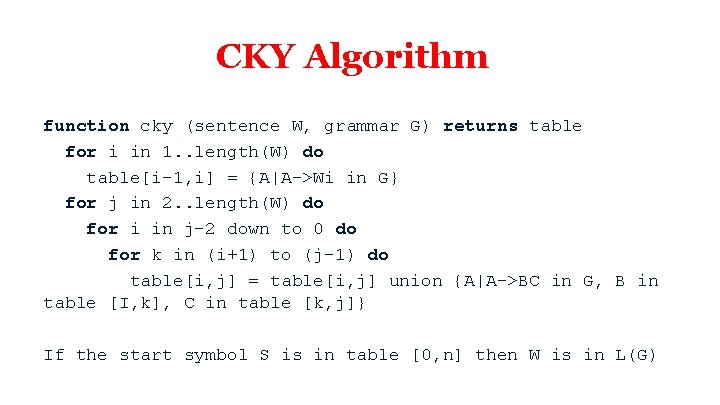 CKY Algorithm function cky (sentence W, grammar G) returns table for i in 1.